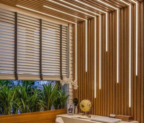 Gorgeous Wooden Slat Panels Designs For Home & Office | Cool Ceiling Slat Wall | Home Decor Ideas Mdf Wall Panels, Wooden Ceiling Design, Forest Wall Decor, Small Office Design, Wooden Arrows, Wood Slat Wall, Wooden Ceilings, Wall Home Decor, Coffee Shop Design