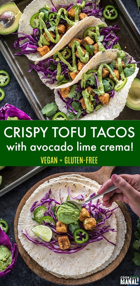 Avocado Lime Crema, Lime Crema Recipe, Tacos Vegan, Tacos With Avocado, Tofu Tacos, Lime Crema, Texas Summer, Vegan Tacos, Crispy Tofu