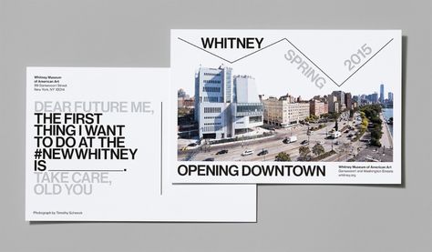 New Building Promotional Postcard In... - Whitney Graphic Design Exhibition Postcard, Gallery Branding, Good Graphic Design, Museum Branding, Graphic Composition, Coffee Poster, New Building, Whitney Museum, Design Department