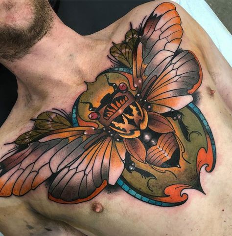 Cicada Chest | Best tattoo design ideas Chest Tattoo Wolf, Wing Tattoos On Wrist, Cicada Tattoo, Full Chest Tattoos, 42 Tattoo, Neo Tattoo, Torso Tattoos, Insect Tattoo, Chicano Style Tattoo