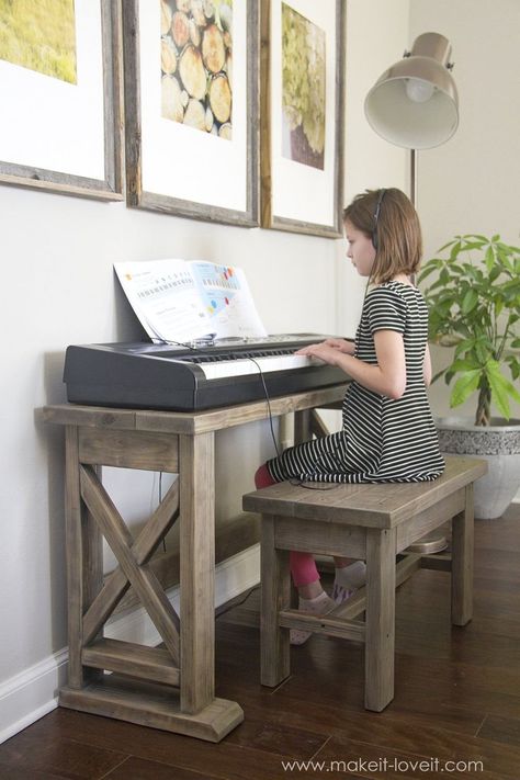 DIY Digital Piano Stand and Bench (...a $25 project!!) | via http://makeit-loveit.com Digital Piano Stand, Piano Table, Piano Stand, Diy Bank, Piano Decor, Piano Bench, Piano Room, Woodworking Workbench, Diy Bench