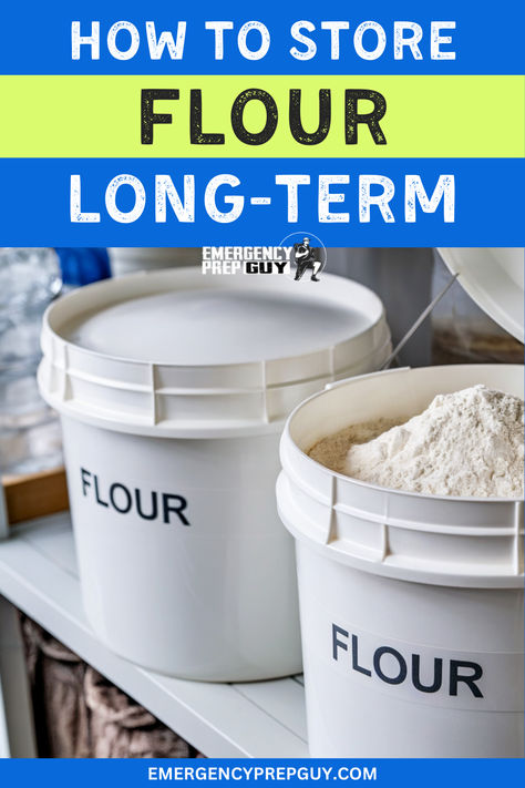 White storage buckets labeled 'Flour' in a pantry setting, emphasizing bulk storing flour, how to store flour, and long-term flour storage techniques for emergency preparedness. Long Term Storage Of Flour, Long Term Flour Storage, How To Store Flour In Pantry, Long Term Pantry Storage, How To Store Flour Long Term Food Storage, Bulk Flour Storage Ideas, Storing Flour Long Term, Bulk Flour Storage, Long Term Food Storage Organization