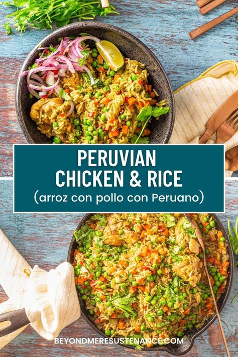 Arroz con Pollo Peruvian Style brings a little Peruvian soul to your table. This flavor-packed one pot meal features ají amarillo (Peruvian yellow chile), and gets its signature green tint from an entire bunch of cilantro. It's a fantastic one pot meal! #arrozconpollo #chickenandrice #Peruvianchickenrecipe #healthychickenrecipe #glutenfreemains #onepotmeals #quickdinners #weeknightcooking Peruvian Chicken And Rice Recipe, Peruvian Chicken And Rice, Con Pollo Chicken, Peruvian Chicken Recipe, Peruvian Chicken, Quinoa Recipes Easy, Peruvian Style, Chicken And Rice Recipe, Peruvian Dishes