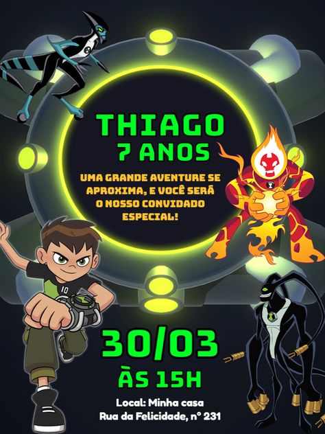 Edite grátis você mesmo usando nosso editor online | Design by Pedro Henrique | Convite Digital Convite Aniversário Ben 10    O convite Convite Aniversário Ben 10 perfeito para o seu evento!    Personalize o convite do seu jeito com nosso editor online    Nosso convite digital Convite Aniversário Ben 10 é totalmente personalizável. Você pode alterar o texto, a fonte, as cores e até mesmo adicionar fotos. É fácil de usar e você pode editar o convite perfeito em minutos utilizando noss Ben 10, Online Design, Birthday, 10 Things