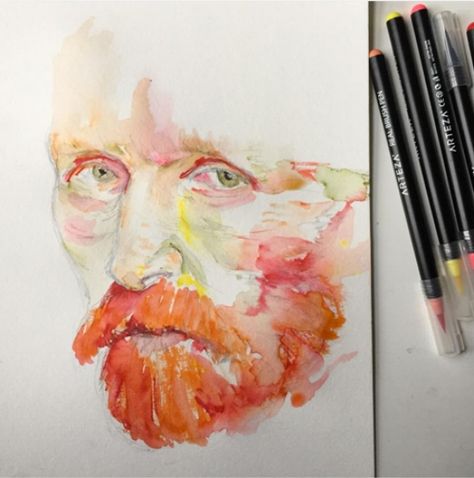 Watercolor portrait of Vincent van Gogh using Arteza markers. Copyright 2019 Kendra Shedenhelm. #arteza #watercolor #watercolour #vincentvangogh #vangogh #portrait #portraitpainting #sketchaday #people #painting Van Gogh Watercolor Paintings, Arteza Markers, Arteza Watercolor, Van Gogh Watercolor, People Painting, Sketch A Day, Van Gogh Art, Watercolor Portrait, Color Pencil Drawing