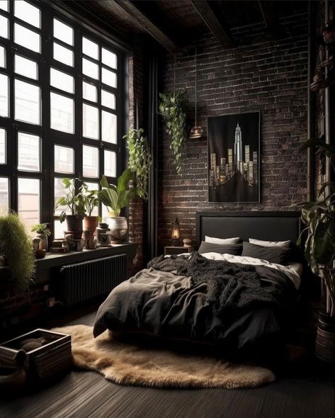 Dark Boho Bedroom, Dark Bedroom, Casa Country, Industrial Bedroom, Dark Home Decor, Dark Home, Black Bedroom, Design Living Room, Bedroom Aesthetic