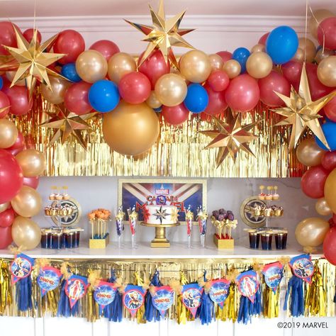 Captain Marvel Party Ideas | Party City Marvel Party Ideas, Avengers Birthday Party Decorations, Marvel Birthday, Superhero Party Decorations, 100 Birthday, Marvel Birthday Party, Marvel Party, Superhero Decorations, Birthday Menu