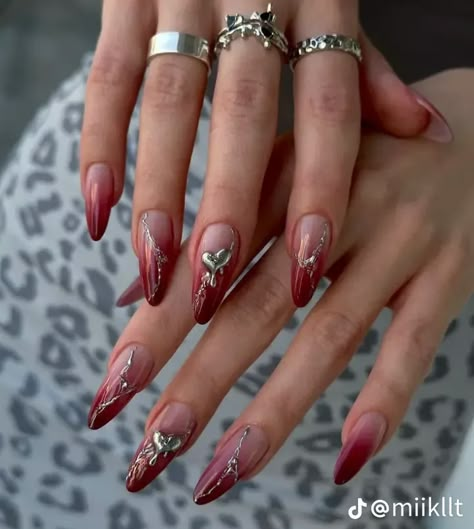 Red Silver Nails, Luxury Nail Designs, Red And Silver Nails, Gem Nail Designs, Ideas Para Uñas, Cherry Nails, Korean Nails, Grunge Nails, Red Nail Designs