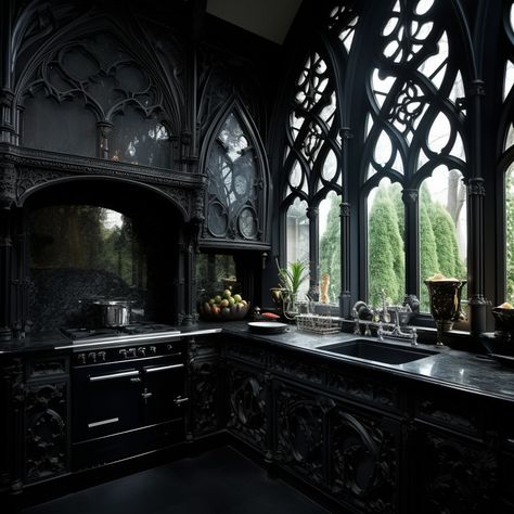 Black kitchen with gothic style windows, black counter tops, black backsplash, black cabinets Interior Types, Goth Mansion, Dark Home Aesthetic, Gothic Houses, Green Goth, Academia House, Gothic Victorian House, Goth Apartment, Victorian Gothic Decor