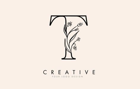 Black Outline T letter logo design with black flowers vector illustration. 4 Letter Logo, T Letter Logo Design, T Letter Logo, T Logo Design, Letter T Logo, Tt Logo, Hand Embroidery Letters, T Letter, Design With Letters