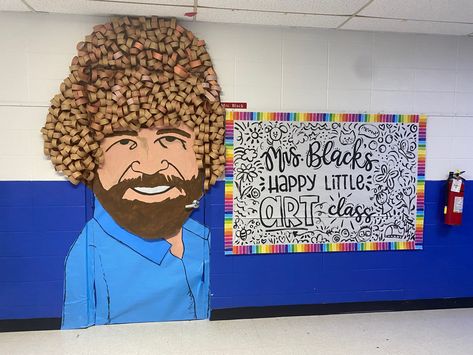 Elementary art classroom door. Bob Ross Classroom Door, Bob Ross Door Decoration, Art Class Door Decorations, Back To School Art Bulletin Board Ideas, Bob Ross Bulletin Board, Art Classroom Set Up Elementary, Art Teacher Door Decorations, High School Art Classroom Decor, Art Room Door Decoration Ideas