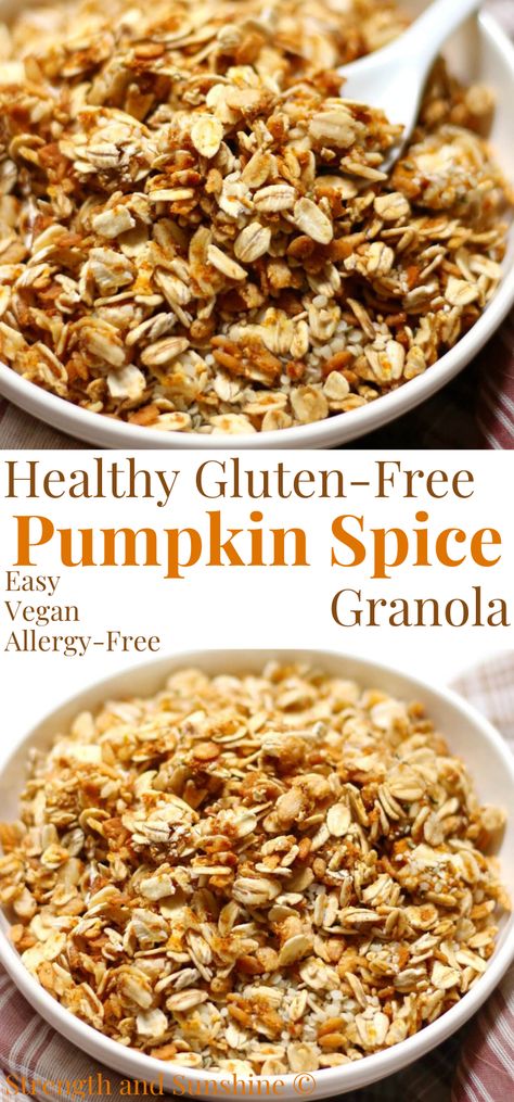 This healthy homemade Gluten-Free Pumpkin Spice Granola is such an easy recipe! It's vegan, allergy-free, nut-free, sugar-free, and oil-free! This kid-friendly seasonal fall snack or breakfast is full of whole-grain gluten-free oats, crisp rice cereal, hemp seeds, coconut, maple flavors, and delicious autumn spices! The smells of this granola baking are amazing! #granola #pumpkin #pumpkinspice Autumn Spices, Gluten Free Pumpkin Spice, Pumpkin Spice Granola, Pumpkin Granola, Granola Recipe Healthy, Granola Healthy, Granola Recipe, Rice Cereal, Easy Homemade Recipes