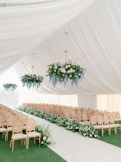 Mostly White Wedding Bouquet, Blue And White Flower Arch Wedding, Wedding Tent Entrance Flowers, White Wedding Aisle Runner, The Hamptons Wedding, Wedding Tent Flower Ceiling, Floral Wedding Aisle Outdoor, Aisle Runner Flowers, Tent For Wedding Reception