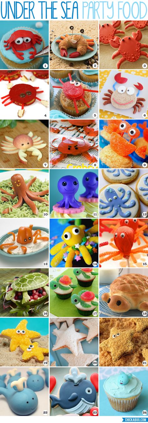 Under the Sea party food ideas - Adorable recipes and tutorials to make crabs, octopuses, turtles, starfish and whales! Under The Sea Party Food, Sea Party Food, Octonauts Party, Underwater Party, Sea Party Ideas, Ocean Birthday, Sea Baby Shower, Party Food Ideas, Sea Birthday Party