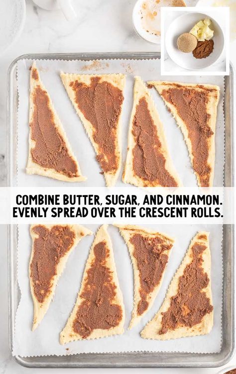 Crescent Roll Cinnamon Rolls process shot of the cinnamon mixture spread top of the crescent rolls What To Do With Croissants Crescent Rolls, 12 Tomatoes Cinnamon Roll Crescents, Cinnamon Roll Crescent Rolls 12 Tomatoes, Cinnamon Rolls With Croissant Dough, Cinnamon Roll Crescents 12 Tomatoes, Cinnamon Twists With Crescent Rolls, Cinnamon Roll Croissant, Breakfast Ideas With Croissant Rolls, Crescent Roll Cinnamon Twists