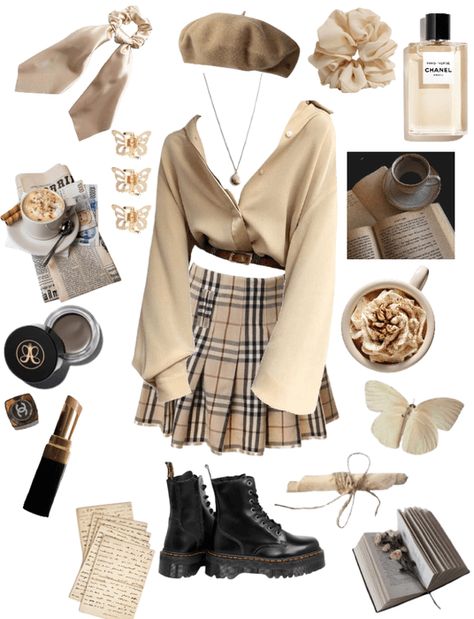 Smart Girl Aesthetic Outfit, Cute Outfit Collage, Literature Major, Clipped Wings, Outfit Ideas For College, Light Acadamia, Study Outfit, Platform Doc Martens, College Major