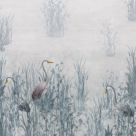 A muted dreamlike scene with majestic herons relaxing among the reeds. The water is shrouded in a soft mist creating a serene ambience. Shown here in the Invierno colourway with gentle blue greys. Once installed this mural can cover up to 4 metres in width and 2.8 metres in height. Victoria Wallpaper, Mc Escher, Wallpaper Project, Nyc Design, Professional Decor, Herons, Wallpaper Direct, Porcelain Vase, Op Art