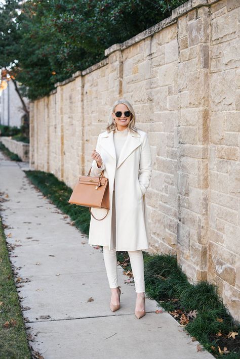 LAUREN RALPH LAUREN WOOL WRAP COAT HERMES KELLY 35 COURCHEVEL Long White Winter Coat, White Coat Outfit, Coats Outfits, Wool Coat Outfit, Winter White Outfit, White Wool Coat, White Winter Coat, Wool Wrap Coat, Look Office