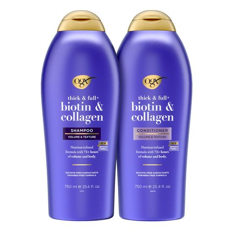 PRICES MAY VARY. BIOTIN & COLLAGEN SHAMPOO & CONDITIONER: This volumizing blend helps thicken & texturize any hair type with just one use. Volumize your skinny strands into fuller & more abundant looking locks. THICK & FULL: The nutrient-rich, plump-it-up power of this haircare line infused with ProVitamin B7 biotin, & collagen helps give each strand a beautiful boost for hair that looks & feels fuller. BEAUTY PURE & SIMPLE: OGX products are inspired by nature. We don’t try to make hair look “pe Ogx Hair, Biotin And Collagen Shampoo, Ogx Hair Products, Best Hair Conditioner, Hair Blowout, Protein Shampoo, Vitamin B7, Purple Shampoo And Conditioner, Biotin Hair