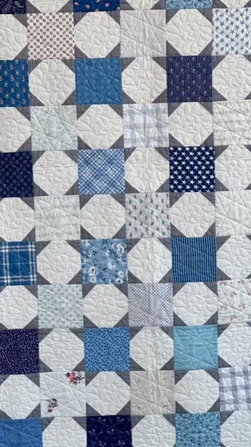 Quilts With White Background, Quilt Neutral Colors, Scrappy Quilt Blocks, Gray And Blue Quilt Ideas, Scrappy Blue Quilts, Blue And White Quilts Patterns Simple, Monochromatic Quilts, Blue And White Quilts, Charming Stars Quilt Pattern