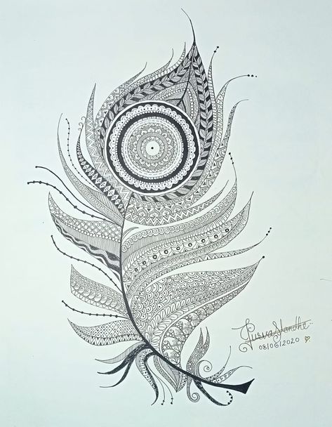 Drawing Of Peacock Feather, Peacock Feathers Mandala Art, Feather Sketch, Peacock Drawing, Painting Images, Art Tattoos, Mini Drawings, Peacock Feathers, Krishna Art