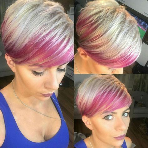 Pink And Blonde Pixie Hair, Bright Short Hair, Hair Color For Short Hair Pixie, Pixie Color Ideas, Pixie Haircolor Ideas, Pixie Cut Color Ideas, Pixie Hair Color Ideas, Pixie Hair Color, Short Purple Hair