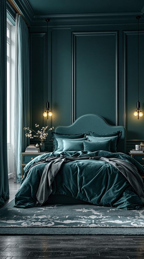 Dark Teal Bedroom Dark Teal Blue Aesthetic, Dark Teal Bedding, Black And Teal Bedroom, Dark Teal Walls, Dark Teal Bedroom Ideas, Dark Teal Bedroom, Teal Bedroom Ideas, Bedroom Teal, House Bugs