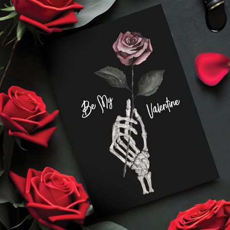 Skeleton Hand Rose, Gothic Valentines Day, Gothic Valentine, Hand Rose, Black Skeleton, Hearts And Flowers, Watercolor Card, Hauntingly Beautiful, Valentine's Day Cards