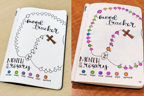 #rosary #bulletjournal #bulletjournalideas #october #mothermary #moodtracker Catholic Bullet Journal, Lent Kids, Bujo Templates, 5 Minutes Journal, Journal Bible Quotes, Ideas Journal, Mary Pictures, Book Reading Journal, Catholic Family