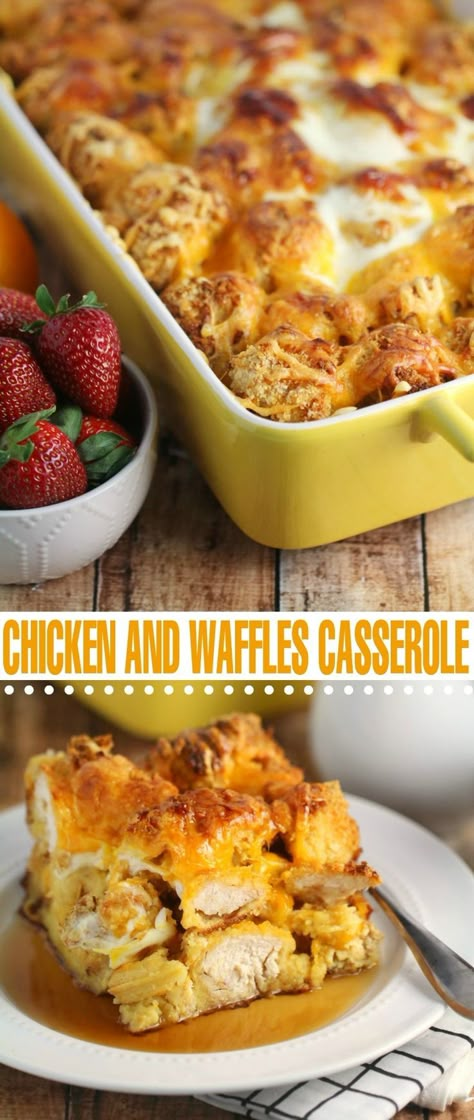 This Chicken and Waffles Casserole features hand breaded, oven fried chicken and waffles layered together and baked for an amazing breakfast recipe your whole family will love! Chicken And Waffles Casserole, November Dinners, Paleo Waffles, Casserole Chicken, Chicken Waffles, Diy Breakfast, Fried Chicken And Waffles, Recipes Savory, Amazing Breakfast