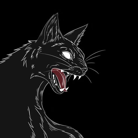 Creepy Cat Drawing, Angry Cat Tattoo, Spooky Cat Drawing, Angry Cat Drawing, Angry Cat Art, Open Mouth Drawing, Angry Black Cat, Aa Logo, Teeth Drawing