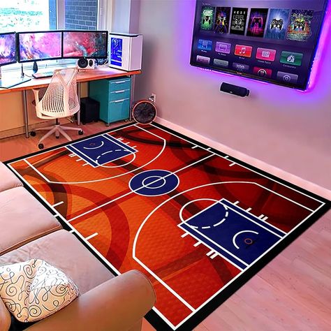 Amazon.com: Basketball Rug Basketball Carpet for Boys Room Print Court Sport Area Rug for Living Room Floor Mats Basketball Room Decor for Boys, 3'×5' : Home & Kitchen Football And Basketball Bedroom, Space Jam Bedroom, Boy Basketball Room, Kids Basketball Room, Basketball Room Ideas For Boys, Sports Themed Bedroom For Boys, Basketball Themed Room, Basketball Rooms, Boys Basketball Room