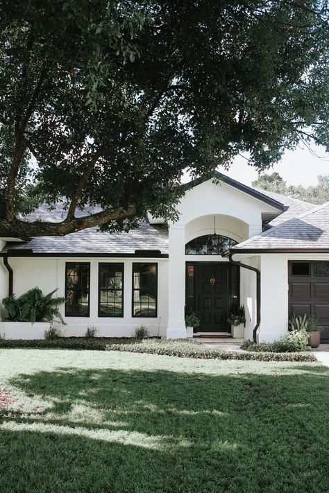 We Painted the Exterior of our House! - Within the Grove White House With Black Trim, House Black Trim, House With Black Trim, White House Black Trim, White Stucco House, Black Window Frames, White Exterior Houses, Painted Brick House, Paint Your House