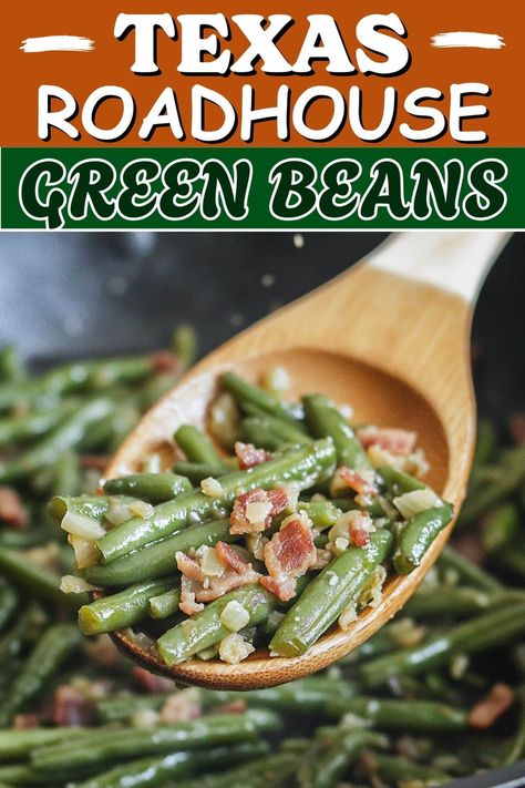 Recreate Texas Roadhouse green beans at home with this easy copycat recipe! With bacon, butter, and brown sugar, it's easy to see why everyone loves them. Crock Pot Green Beans With Bacon Brown Sugar, Green Bean Casserole With Bacon Easy, Texas Green Beans, Copycat Green Beans Texas Roadhouse, Green Bean Holiday Recipes, Simple Green Beans Side Dishes, Green Beans Texas Roadhouse, Steakhouse Green Beans Recipe, Texas Roadhouse Copycat Green Beans