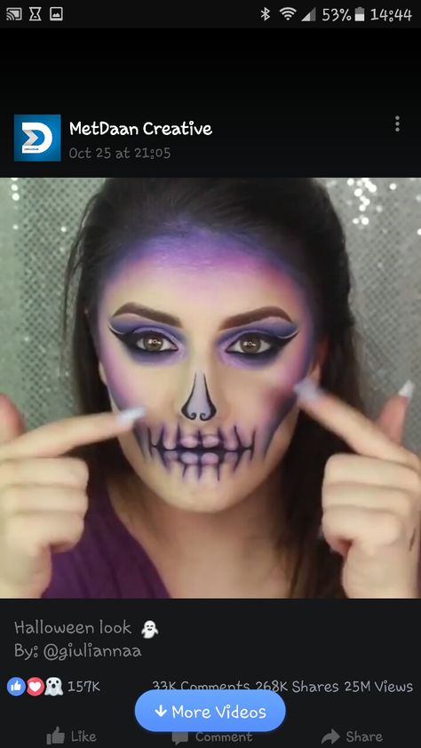 Purple skeleton makeup Pretty Skeleton Makeup, Black Halloween Makeup, Easy Skeleton Makeup, Skeleton Makeup Tutorial, Crazy Halloween Makeup, Purple Skeleton, Alien Halloween Costume, Black Halloween Costumes, Dead Makeup