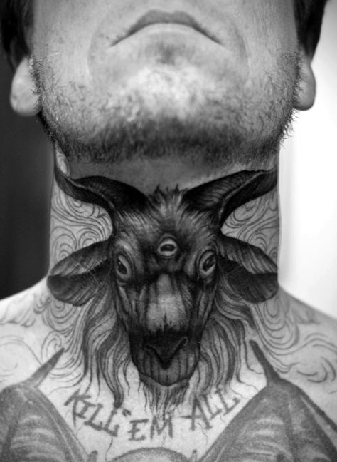 Baby Goat Tattoo, Goat Tattoo Ideas, Throat Goat, Goat Tattoo, Occult Tattoo, Throat Tattoo, Neck Tattoos, Baby Goat, Weird Tattoos