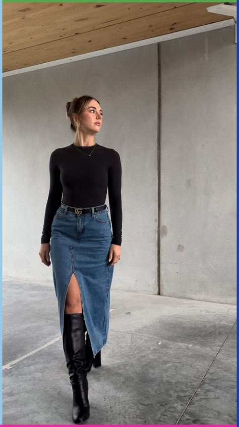 Styling Boots With Dresses, Long Denim Skirt With Boots, Denim Dress And Boots, Boots With Skirts Outfit, Denim Dress Winter Outfit, Skirt In Winter Outfit, Jean Skirt Outfits Long, Denim Skirt And Boots Outfit, Jean Dress Outfit Winter