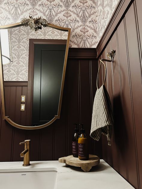 Dark Wood And Gold Bathroom, Dark Wood Bathroom Cabinets, Dark Powder Room Ideas, Bonnie Ryan, Moody Powder Room, Farmhouse Powder Room, Small Half Bath, Inspirational Homes, Dark Wood Bathroom