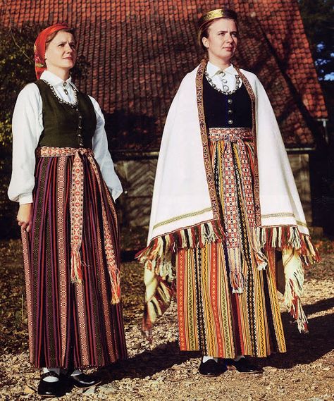 Zemgale or Semigallian Costume, Latvia, a woman from Eleja and a girl from Bauska. Baltic Style, Lace Apron, Folk Design, Folk Dress, Folk Clothing, European Culture, National Dress, Folk Dresses, Folk Costume