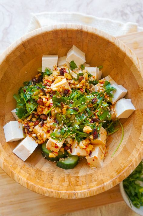 Tofu Salad Recipes, Salad With Chili, Cold Tofu, Ingredient Prep, Chinese Salad, Bento Box Recipes, Marinated Cucumbers, Chili Crisp, Crispy Shallots