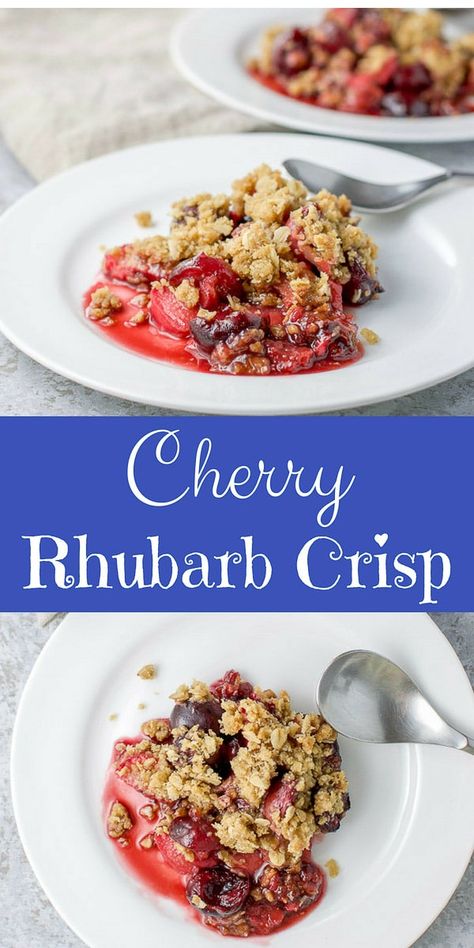 This cherry rhubarb crisp recipe is simply scrumptious.  It perfectly balances the sweet of the cherry with the sour of the rhubarb.  Top those off with crispy goodness and you have the perfect dessert! #crisp #cherryrhubarb #dessert @dishesdelish Oatmeal Crisp Topping, Cherry Rhubarb Crisp, Cherry Rhubarb, Rhubarb Crisp Recipe, Rhubarb Recipes Crisp, Oatmeal Crisp, Crisp Topping, Cherry Crisp, Strawberry Crisp