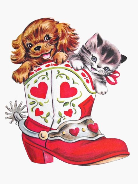 "Coquette Vintage Cat Dog in boots " Sticker for Sale by Pixiedrop Kitsch Animal Illustration, Valentines Vintage Cards, Vintage Cat Valentine, Vintage Cat Stickers, Retro Animal Illustration, Vintage Style Illustration, Cowboy Cat Art, Valentine’s Day Vintage, Valentines Stickers Aesthetic