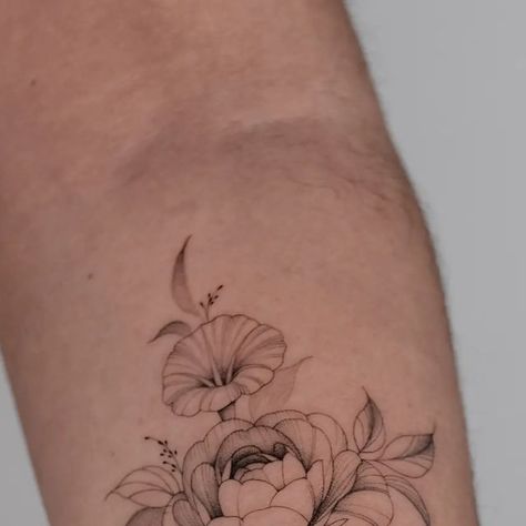 @la_source_tattoo on Instagram: "Morning glory, camellia & poppy ⚘️  Contact by mail la.source.tattoo@gmail.com  . . .  #morningglory #camellia #poppy #flowers #flowerstattoo #floral #botanical #aesthetic #art #fyp #explorepage #fineline #line #linework #dot #dotwork #ttt #tatouage #tattoo #tattooparis #ink #inked #inkedgirls #lasourcetattoo #paris #france #pepax #pepaxcartridges @pepax.official" Morning Glories Tattoo, Morning Glory Flower Tattoo, Source Tattoo, Morning Glory Tattoo, Botanical Aesthetic, Bouquet Tattoo, Poppy Flowers, Peonies Bouquet, La Source