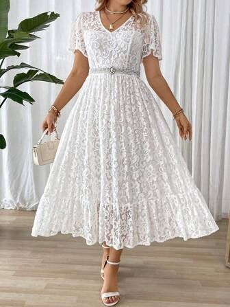 Free Returns ✓ Free Shipping✓. SHEIN Privé Plus Size Women's Solid Color Lace Decorated Simple Daily Wear Dress- Plus Size Dresses at SHEIN. Lace White Dress Short, White Lace Dress Short, Long Sleeve Cotton Dress, Cold Shoulder Lace, White Lace Dress, White Short Dress, Easy Trendy Outfits, Ruffle Hem Dress, Plus Size Wedding