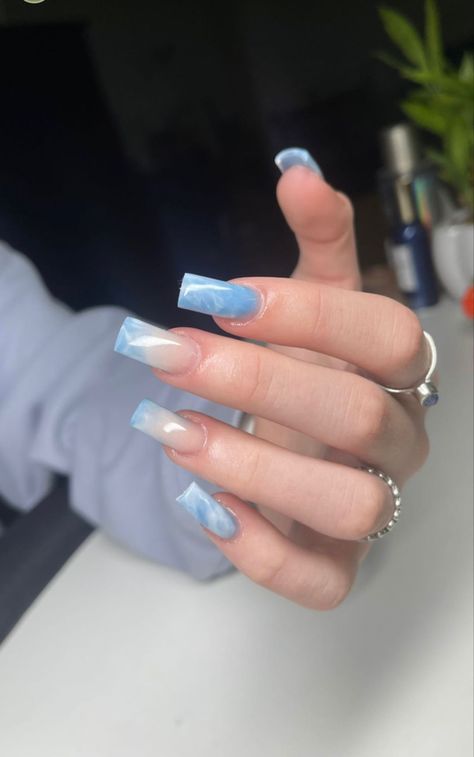 Ombré Acrylic Nails, Powder Blue Nails, Ombré Acrylic, Light Blue Marble, Blue And White Nails, Blue Gel Nails, Blue Glitter Nails, Light Blue Nails, Milky Nails