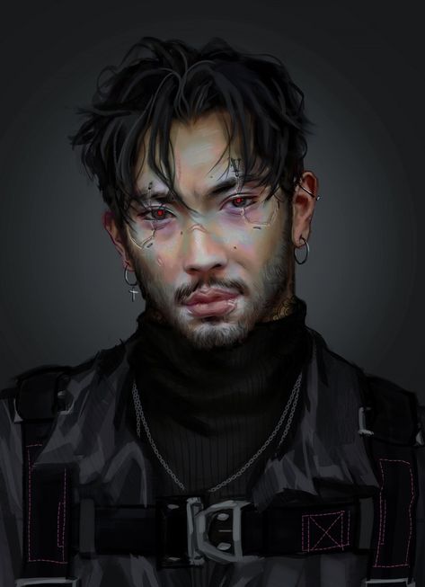 Cyberpunk Male Hairstyles, Cyberpunk Men Character Design, Character Design Inspiration Male Modern, Cyberpunk Rockerboy Character Art, Cyberpunk Dnd Character Art, Sci Fi Male Character Design, Cyborgs Art Male, Male Sci Fi Character, Sci Fi Hair