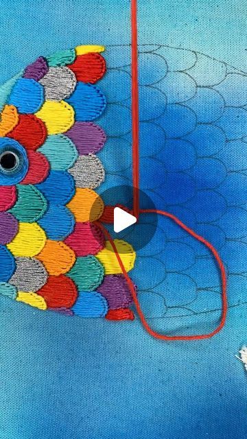 Fish Scale Embroidery Stitch, Fish Stitch Embroidery, Filling Embroidery Stitches, Fish Embroidery Pattern, Slow Video, Embroidery Fish, Button Hole Stitch, Bird Embroidery Pattern, Fish Embroidery