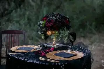 Black wedding details - Sweet Blooms Photography Victorian Gothic Wedding, Dark Romantic Wedding, Gothic Wedding Theme, Halloween Table Settings, Dark Wedding Theme, Lush Wedding, Halloween Tablescape, Halloween Themed Wedding, Red Napkins