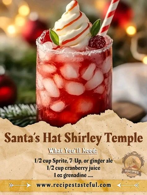 The Pionner Woman- Ree Drummond | Santa’s Hat Shirley Temple | Facebook Santa's Hat Shirley Temple, Shirley Temple Drink Aesthetic, Shirley Temple Recipe, Kristin's Friends, Ginger Ale Recipe, Shirley Temple Drink, Anna Olson, Friends Recipes, 7 Up