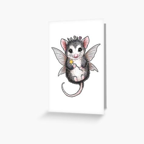 Get my art printed on awesome products. Support me at Redbubble #RBandME: https://www.redbubble.com/i/greeting-card/Adorable-Fairycore-Possum-with-Wings-Cute-feral-Fairy-possum-Opossum-by-Unitepeople/162441316.5MT14?asc=u Possum Magic Tattoo, Possum Art Cute, Punk Possum Art, Possum With Fairy Wings, Possum Memes, Greeting Card Design, Pet Bandana, Kraft Envelopes, Card Sizes